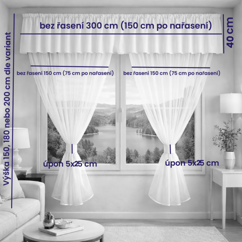 Voálový set s kanýrem Kanafas - Vyber rozměr záclony  ↕VxŠ ↔ (cm): 2x 150x150 cm + kanýr 40x300 cm, Vzor kanafasu: Jarně zelená - 1cm