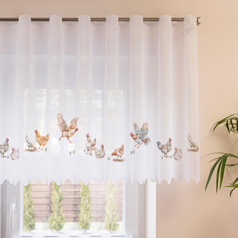 Vitrážová záclona Sliepočky - Vyber výšku ↕ (cm): 50, Vyber šitie: bez obšití