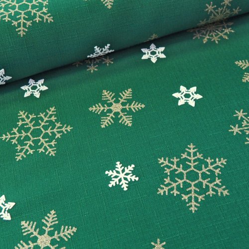 Vánoční látka na ubrusy - Sněhová vločka - zelená - Šíře materiálu (cm): 160