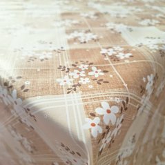 PVC ubrusovina - Káro s květy - béžová