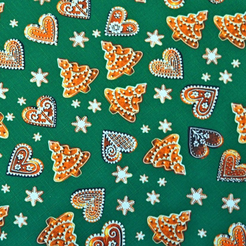 Vánoční běhoun v metráži - Perníky - zelený - Šíře materiálu ↔ (cm): 38, Vyber okraje: pouze střih
