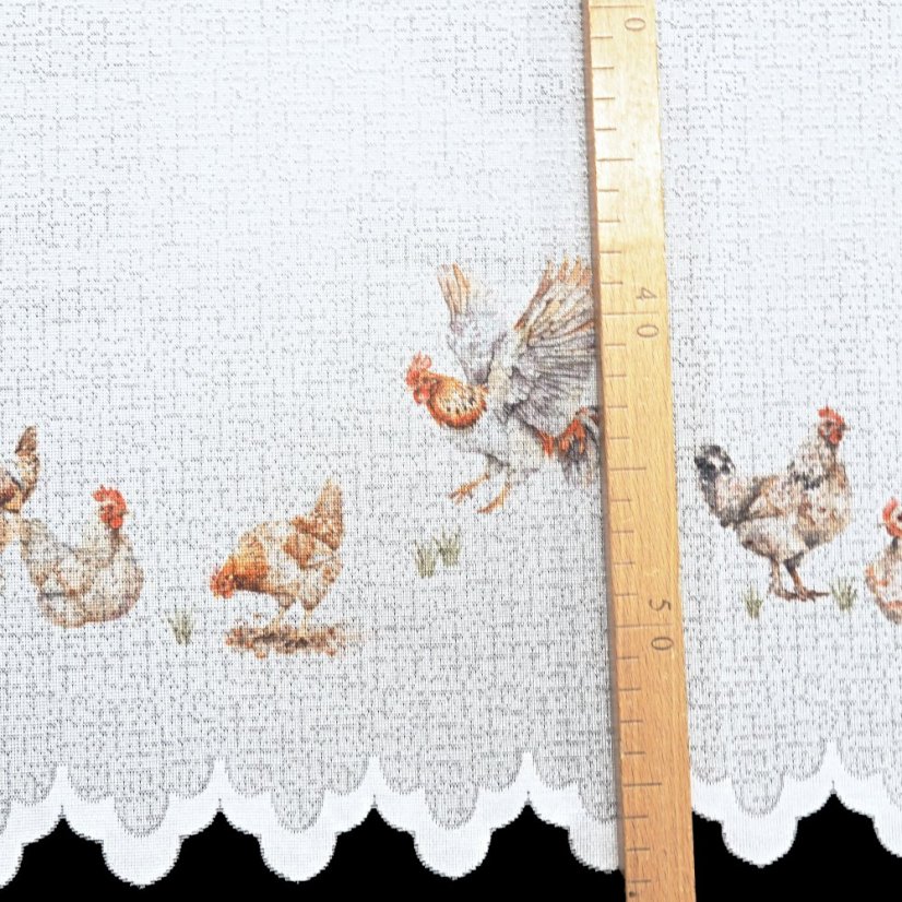 Vitrážová záclona Sliepočky - Vyber výšku ↕ (cm): 50, Vyber šitie: bez obšití