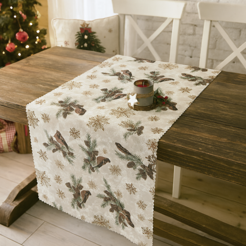 Vánoční běhoun v metráži - Ptáčci - Šíře materiálu ↔ (cm): 38, Vyber okraje: pouze střih