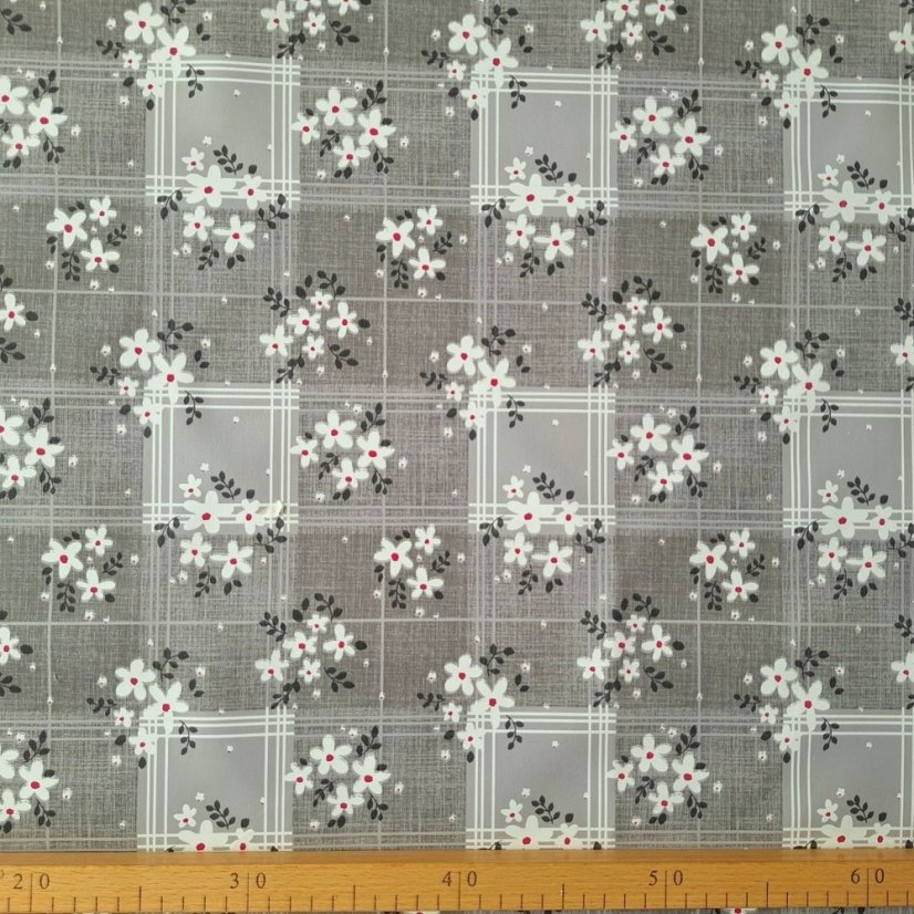 PVC obrusovina - Karo s kvetmi - šedá