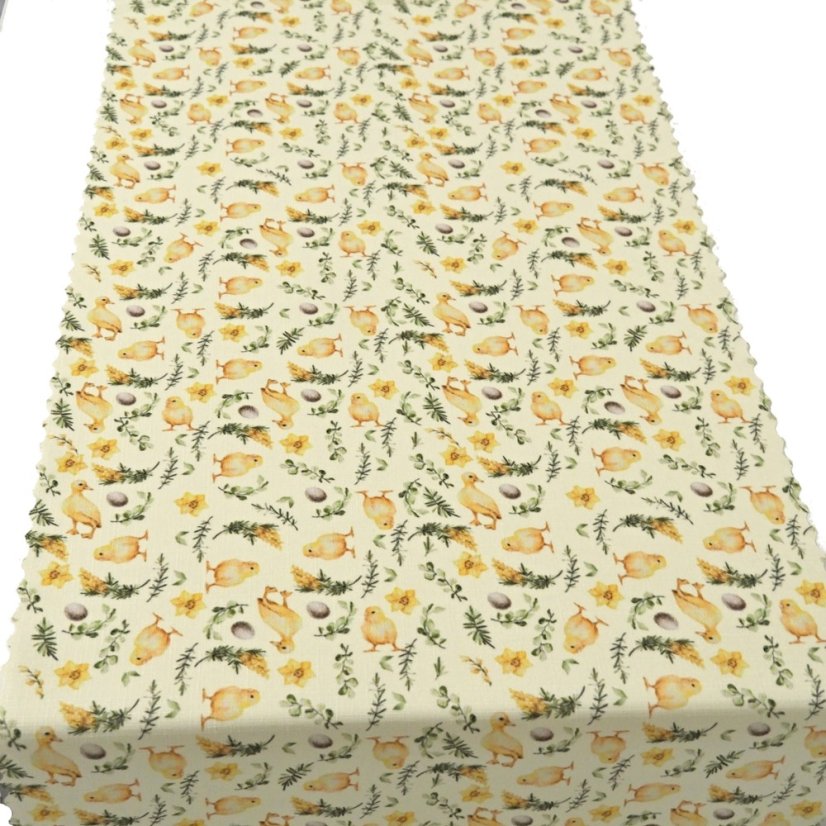 Velikonoční běhoun v metráži Kuřátka - žlutý - Šíře materiálu ↔ (cm): 38, Vyber okraje: pouze střih