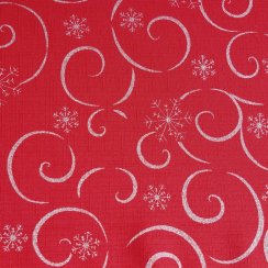 Vánoční látka na ubrusy - Vločky s vlnkou červeno/stříbrné