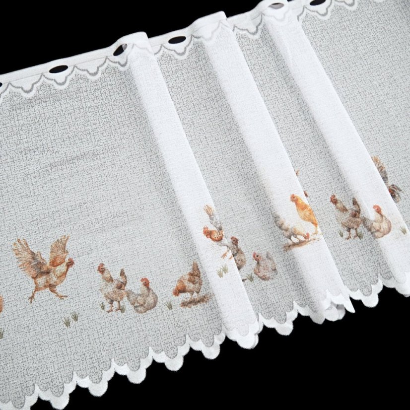 Vitrážová záclona Sliepočky - Vyber výšku ↕ (cm): 50, Vyber šitie: bez obšití