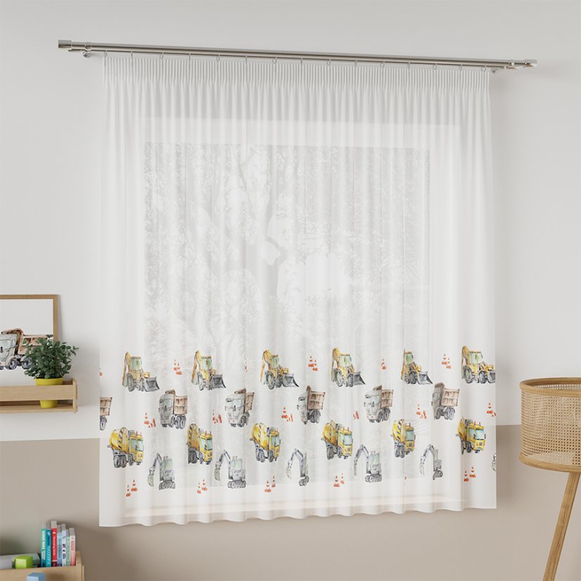 Dětský voál Stavební auta - Vyber výšku ↕ (cm): 157, Vyber šití: bez obšití