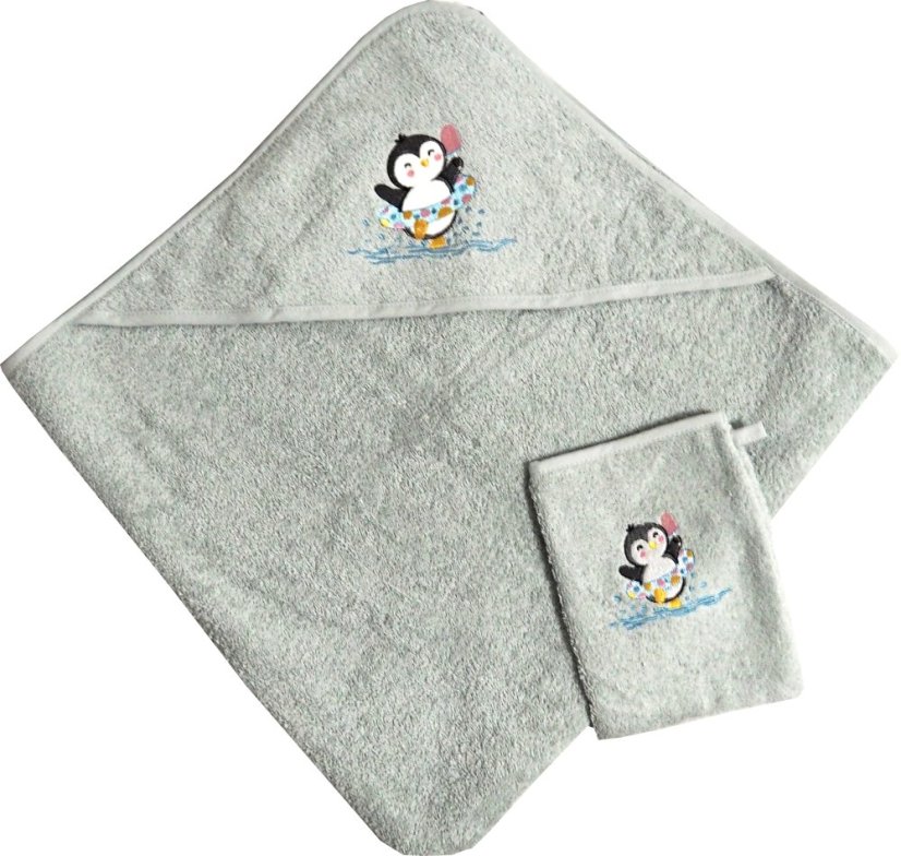 Dětská osuška s kapucí a žínkou Tučňák – šedá