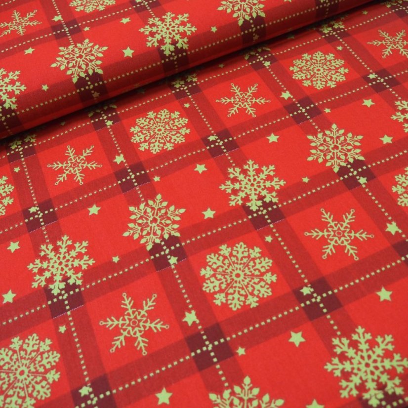 Vánoční bavlněná látka Zlaté vločky - Šíře materiálu ↔ (cm): 150, Vyber šití: bez obšití