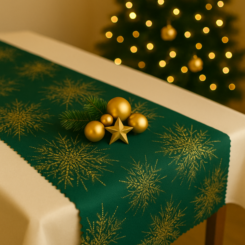 Vánoční běhoun v metráži - Zlatá vločka - zelený - Šíře materiálu ↔ (cm): 38, Vyber okraje: pouze střih