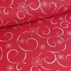 Vánoční látka na ubrusy - Vločky s vlnkou červeno/stříbrné