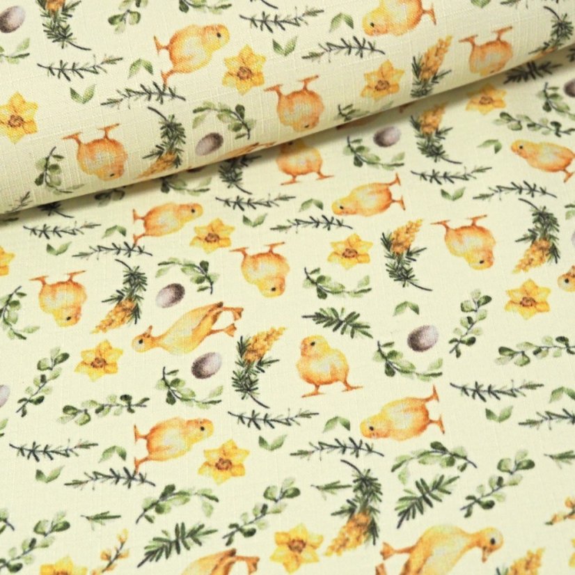 Velikonoční látka na ubrusy Kuřátka - žlutá - Šíře materiálu ↔ (cm): 160