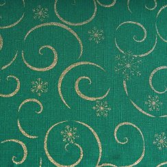 Vánoční látka na ubrusy - Vločky s vlnkou zeleno/zlaté
