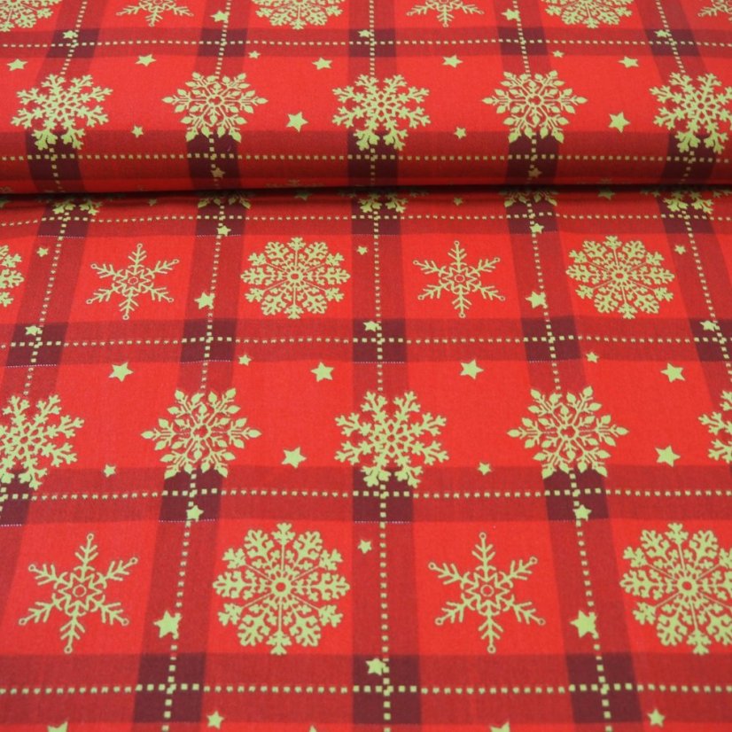 Vánoční bavlněná látka Zlaté vločky - Šíře materiálu ↔ (cm): 150, Vyber šití: bez obšití