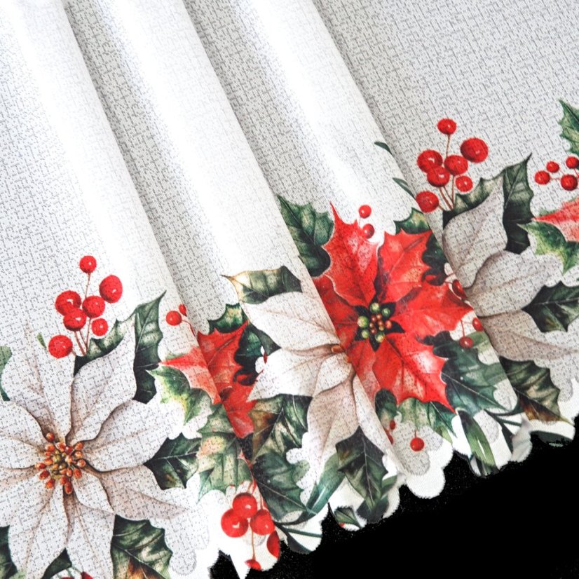 Vitrážová záclona Vánoční růže - Vyber výšku ↕ (cm): 70, Vyber šití: bez obšití