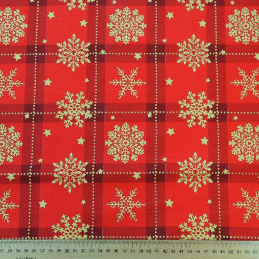 Vánoční bavlněná látka Zlaté vločky - Šíře materiálu ↔ (cm): 150, Vyber šití: bez obšití