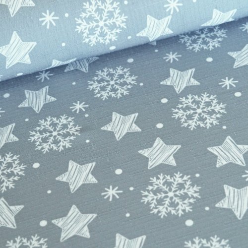 Vánoční látka na ubrusy - Hvězdičky a vločky – šedá - Šíře materiálu (cm): 160