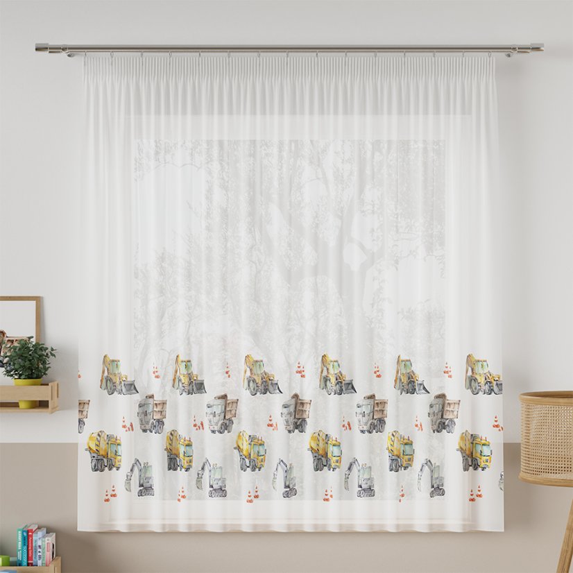 Dětský voál Stavební auta - Vyber výšku ↕ (cm): 157, Vyber šití: bez obšití