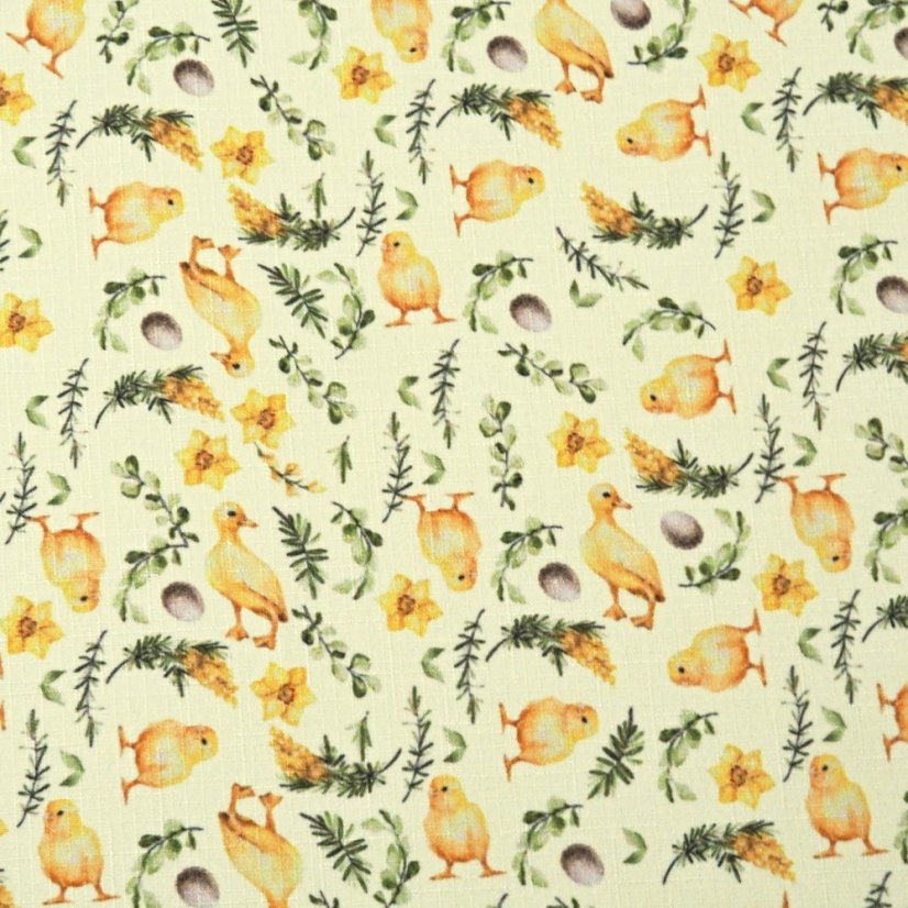Velikonoční látka na ubrusy Kuřátka - žlutá - Šíře materiálu ↔ (cm): 160