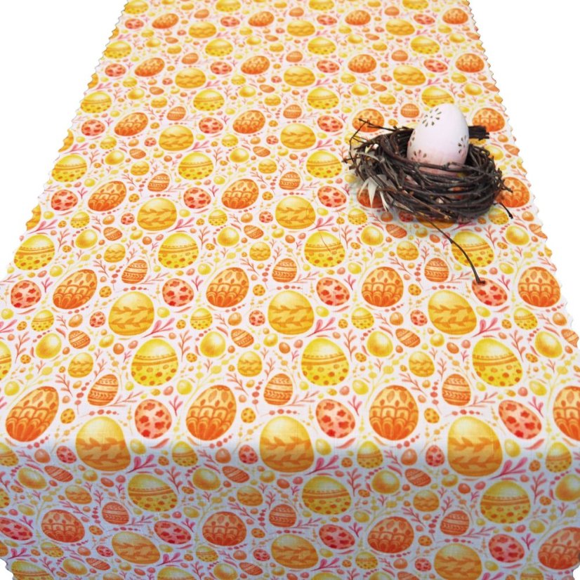 Velikonoční běhoun v metráži Oranžové kraslice - Šíře materiálu ↔ (cm): 38, Vyber okraje: pouze střih