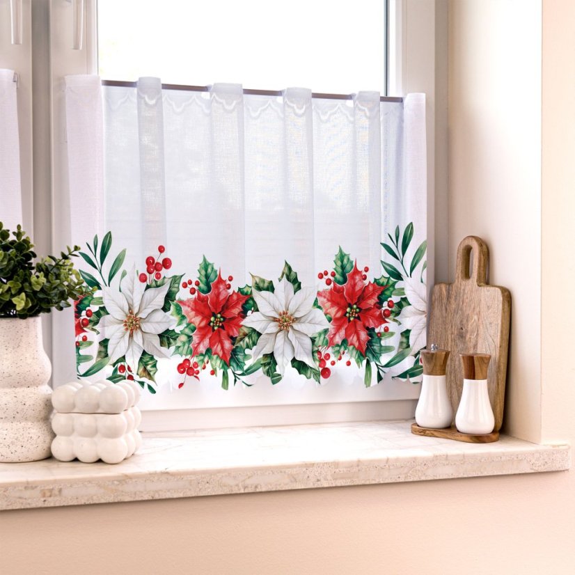 Vitrážová záclona Vianočné ruže - Vyber výšku ↕ (cm): 70, Vyber šitie: bez obšití