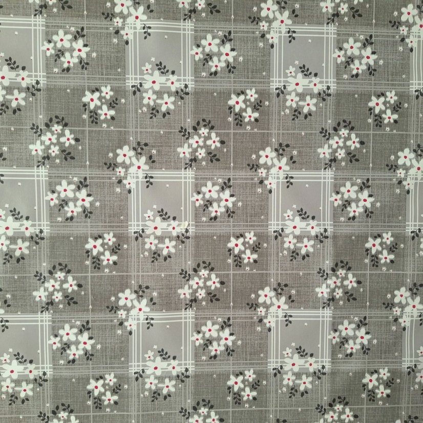 PVC obrusovina - Karo s kvetmi - šedá