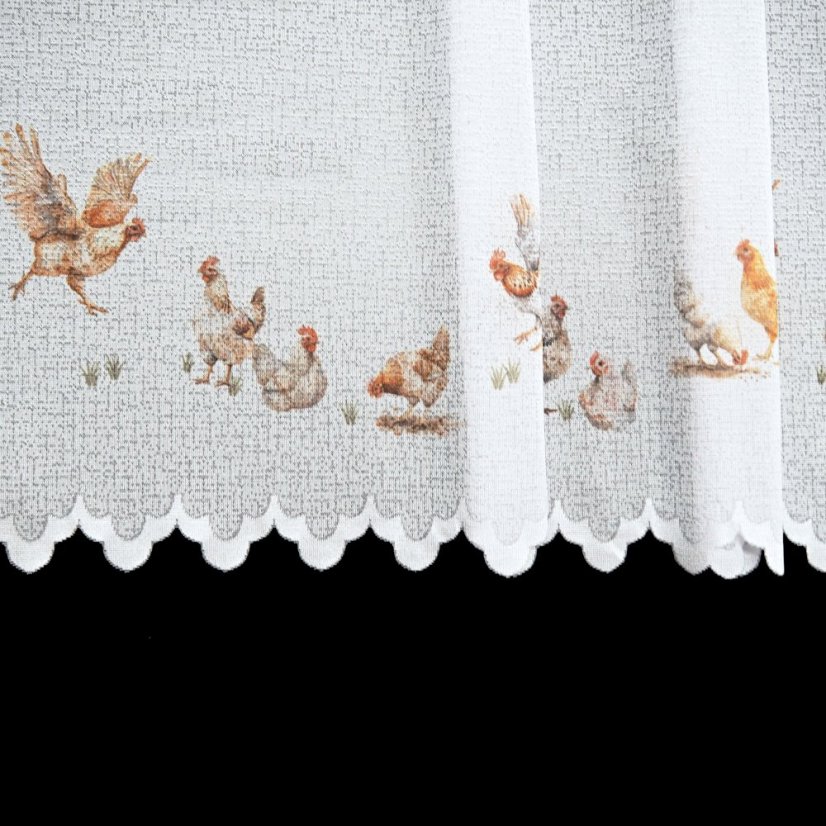 Vitrážová záclona Sliepočky - Vyber výšku ↕ (cm): 50, Vyber šitie: bez obšití