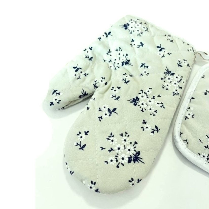 Sada chňapky s podložkou - Kvietky - šedo/zelená