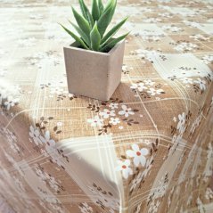 PVC ubrusovina - Káro s květy - béžová