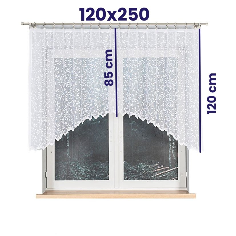 Oblouková záclona Zuzka - Vrchní okraj: Bez řasící pásky, Vyber rozměr záclony  ↕VxŠ ↔ (cm): 126x250