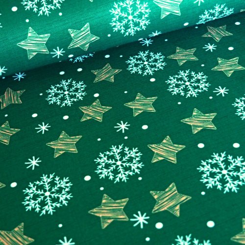 Vánoční látka na ubrusy - Hvězdičky a vločky – zelená - Šíře materiálu (cm): 160