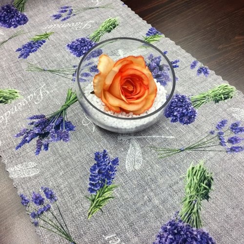 Ubrusová šála v metráži Levandule nápis - Šírka materiálu ↔ (cm): 38, Vyber okraje: pouze střih