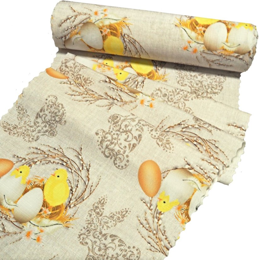 Velikonoční běhoun v metráži Kuřátka - Šíře materiálu ↔ (cm): 38, Vyber okraje: pouze střih