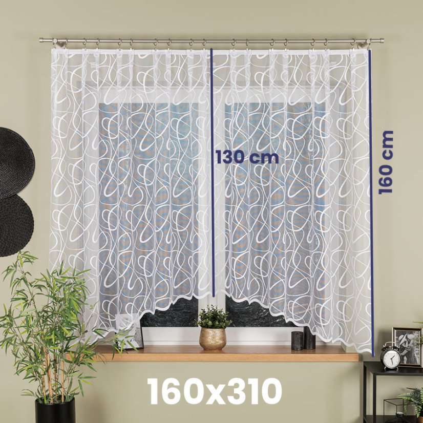 Kusová záclona Celestína - Vrchný okraj: Bez riasiacej pásky, Vyber rozmer záclony ↕VxŠ ↔ (cm): 140x310