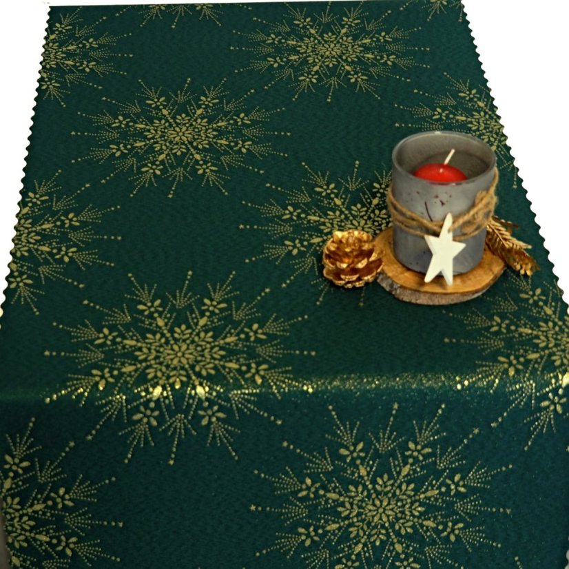 Vánoční běhoun v metráži - Zlatá vločka - zelený - Šíře materiálu ↔ (cm): 38, Vyber okraje: pouze střih