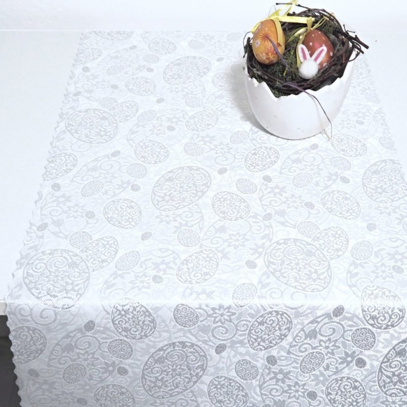 Velikonoční běhoun v metráži Stříbrná vejce - Šíře materiálu ↔ (cm): 38, Vyber okraje: pouze střih