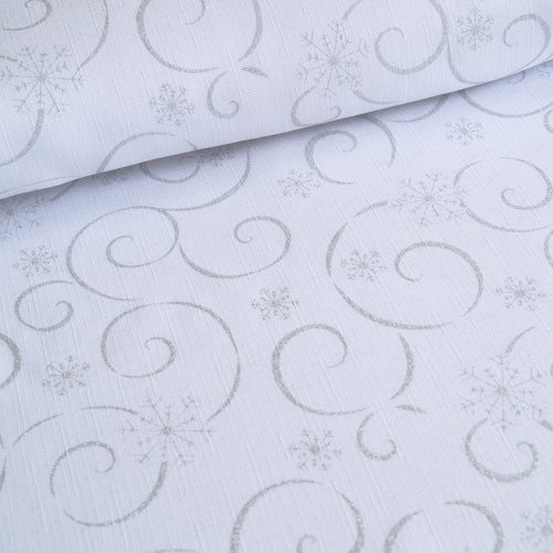 Vánoční látka na ubrusy - Vločky s vlnkou bílo/stříbrné - Šíře materiálu (cm): 160