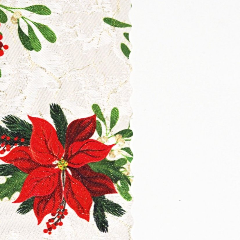 Vánoční běhoun v metráži - Poinsettia se jmelím - Šíře materiálu ↔ (cm): 38, Vyber okraje: pouze střih