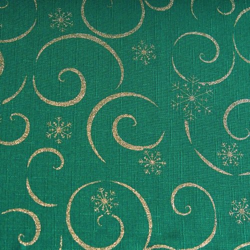 Vánoční látka na ubrusy - Vločky s vlnkou zeleno/zlaté - Šíře materiálu (cm): 160