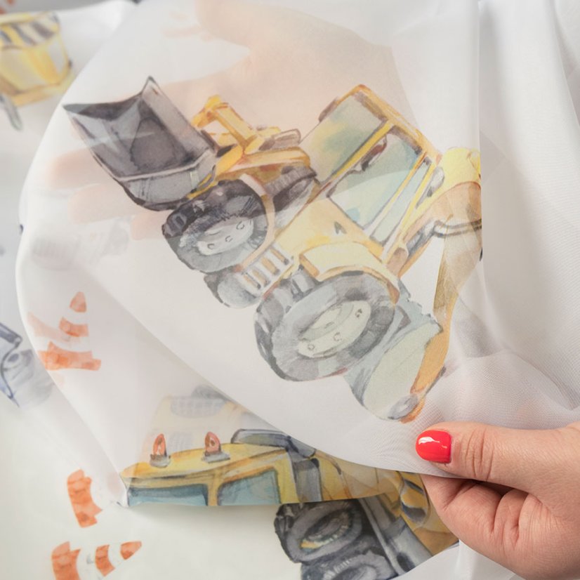 Dětský voál Stavební auta - Vyber výšku ↕ (cm): 157, Vyber šití: bez obšití