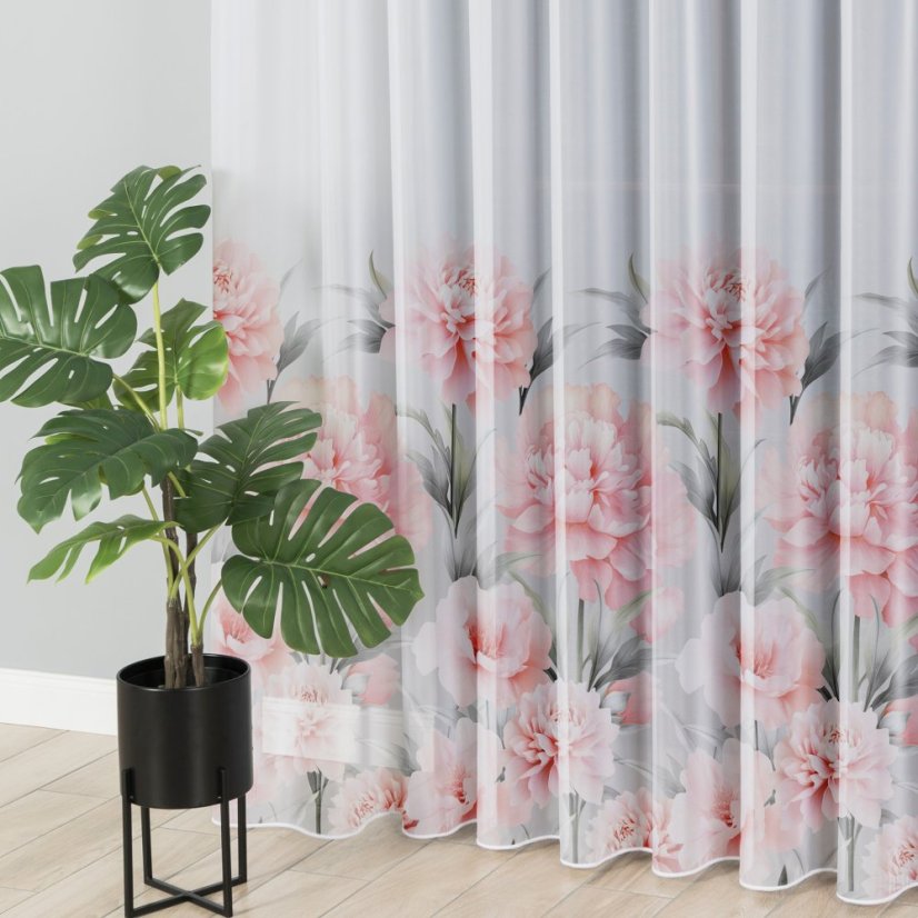 Voálová záclona s olůvkem Pivoňky - Vyber výšku ↕ (cm): 298, Vyber šití: bez obšití