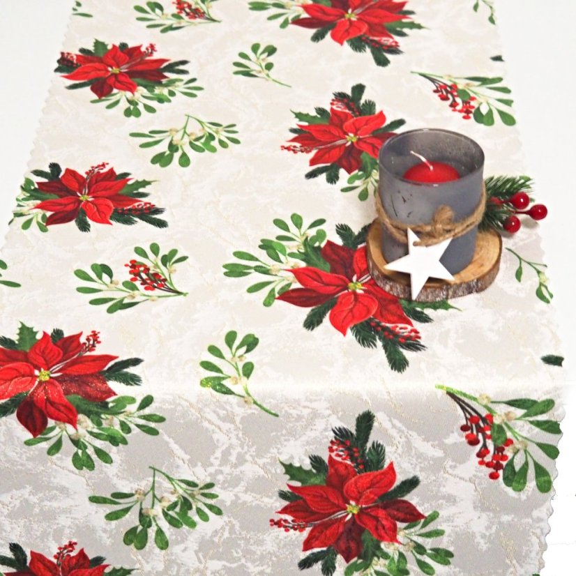 Vánoční běhoun v metráži - Poinsettia se jmelím - Šíře materiálu ↔ (cm): 38, Vyber okraje: pouze střih
