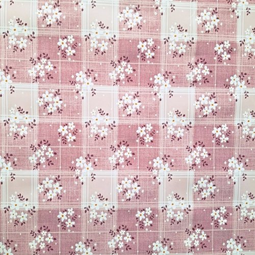 PVC ubrusovina - Káro s květy - růžová