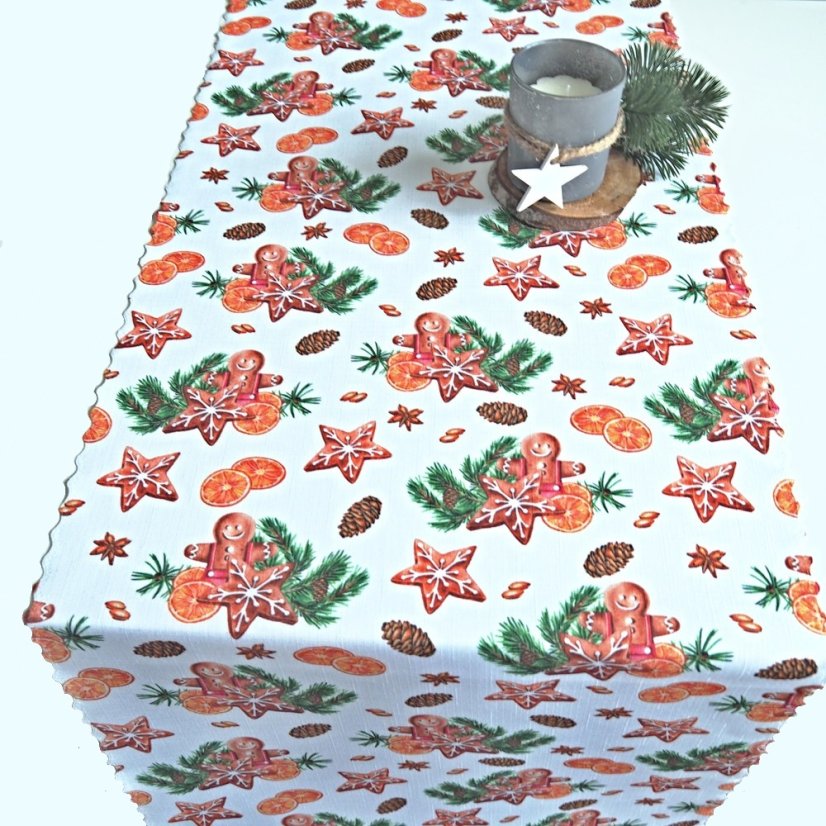 Vánoční běhoun v metráži - Perníčky – bílý - Šíře materiálu ↔ (cm): 38, Vyber okraje: pouze střih