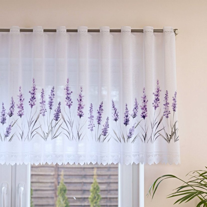 Vitrážová záclona Levandule - Vyber výšku ↕ (cm): 68, Vyber šití: bez obšití