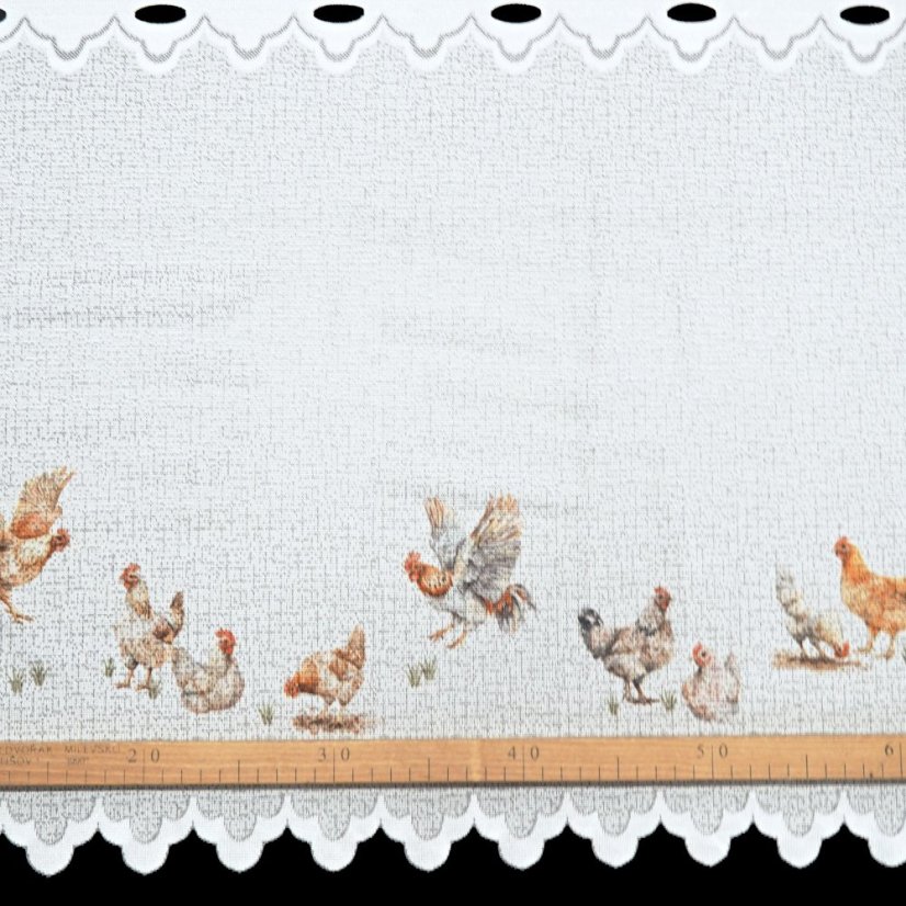 Vitrážová záclona Sliepočky - Vyber výšku ↕ (cm): 50, Vyber šitie: bez obšití