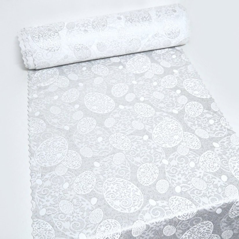 Velikonoční běhoun v metráži Stříbrná vejce - Šíře materiálu ↔ (cm): 38, Vyber okraje: pouze střih