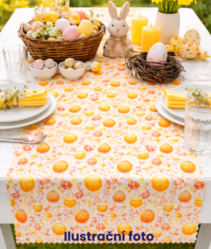 Velikonoční běhoun v metráži Oranžové kraslice - Šíře materiálu ↔ (cm): 38, Vyber okraje: pouze střih