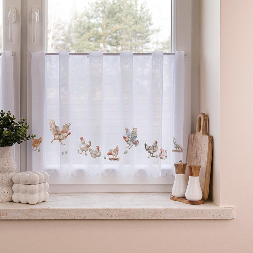 Vitrážová záclona Sliepočky - Vyber výšku ↕ (cm): 50, Vyber šitie: bez obšití